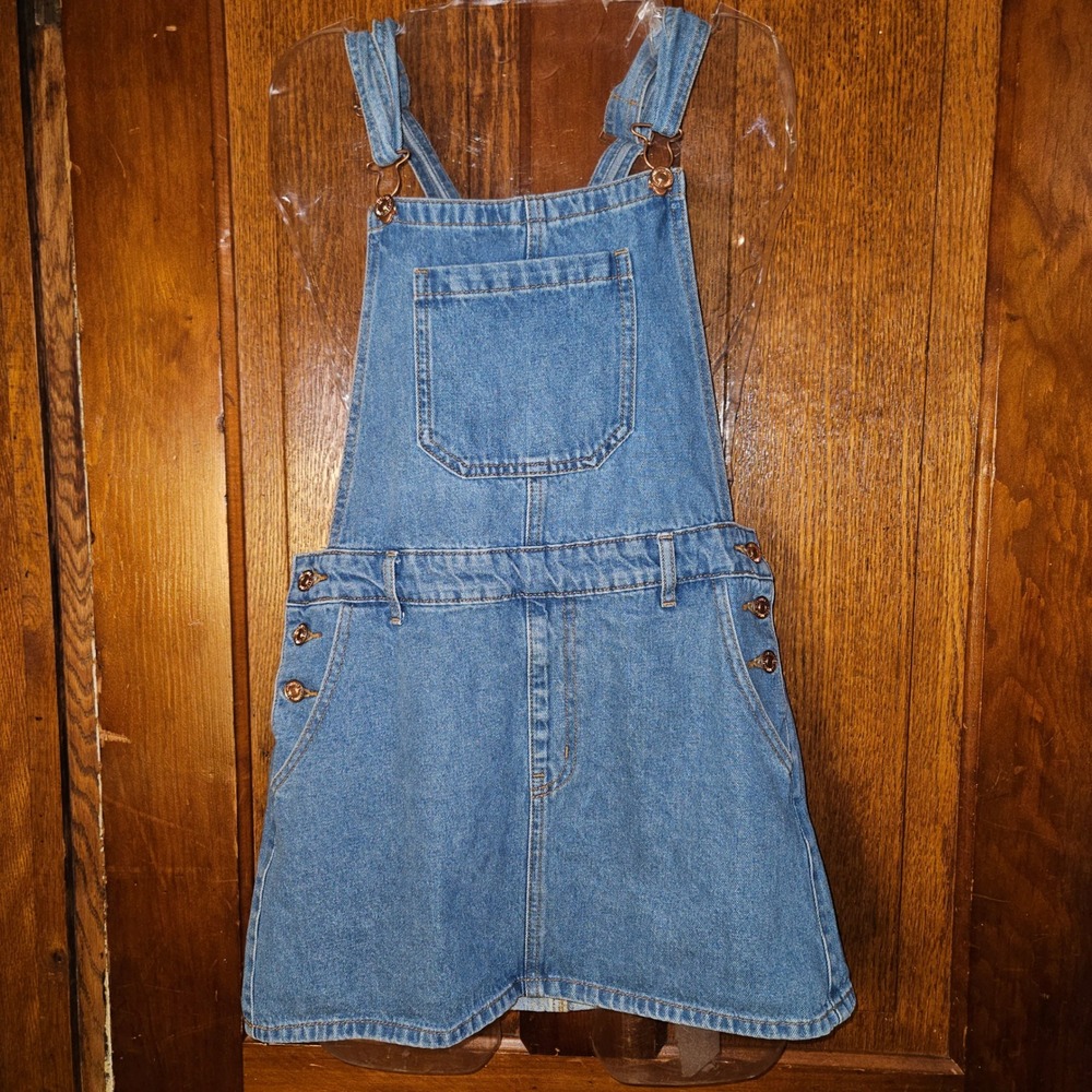 Forever 21 Overall Dress Womens Medium Blue Denim Pinafore Mini Bib Skirt New